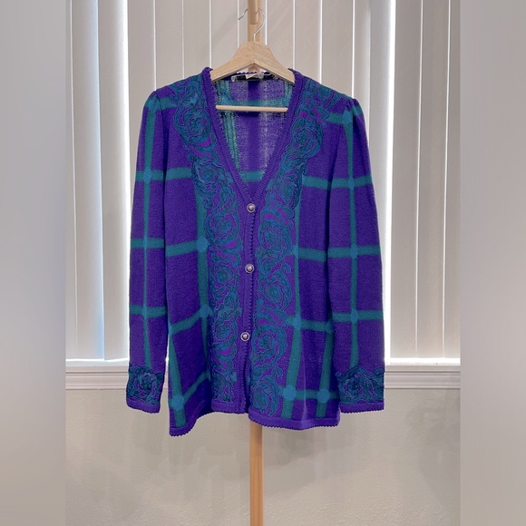 Vintage Anne Crimmins for Umi Collection Purple Cardigan Large Plaid Checked - Picture 3 of 5
